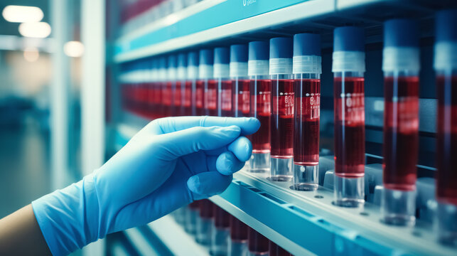 Lab technician organizing vials of blood samples in a clinical laboratory setting.