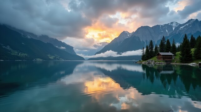 A detailed photo of Lake Sils in Switzerland during dawn, cloudy weather, shot from a regular perspective. The clouds reflect on the lake&rsquo;s still surface.