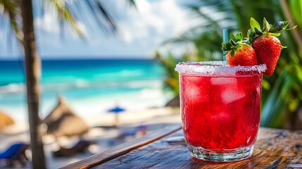 Strawberry cocktail on wooden table against resort beach background