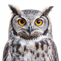 Obraz premium Photo of Owl with bright yellow eyes isolated on white background