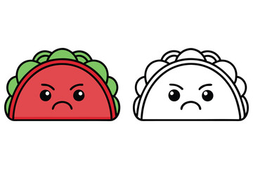 Two Angry Kawaii Tacos Outline and Colored with Cute Face on White Background