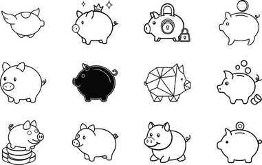 Cute Piggy Banks Savings, Money, Finance, Icons, Illustration, Design, Collection, Budget, Wealth, C