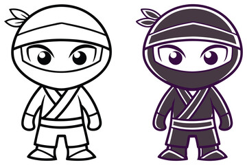 Cartoon Ninja Character Outline and Purple Version Isolated on Transparent Background