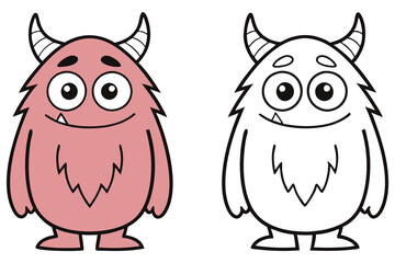 Cartoonish Pink Monster with Horns and Big Eyes, Funny Creature Line Art Style