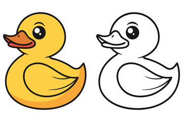 Cute Cartoon Duck with Orange Beak and Outline Version on White Background