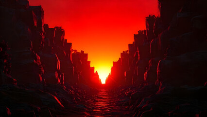 Crimson sun sets on a desolate city street