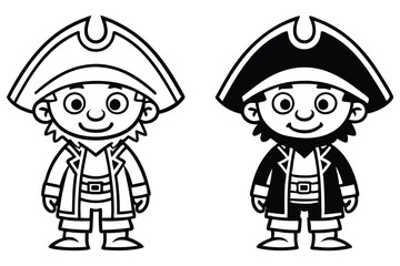 Outlined Cartoon Pirate Boy with a Hat Standing on Isolated White Background