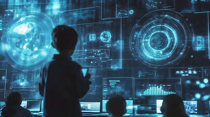 Digital Frontiers: A child's silhouette gazes in awe at an interactive, futuristic display, filled with glowing data visualizations. Envision a world of innovation, exploration.