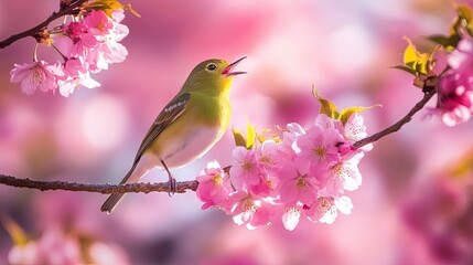 Colorful bird chirping amidst blooming cherry blossoms