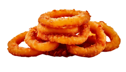  A Crispy onion rings stacked together with a golden-brown crunchy coating, isolated on a transparent background