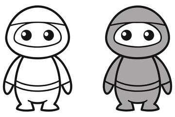 Cute Cartoon Ninja Line Art Outline and Gray Filled Version