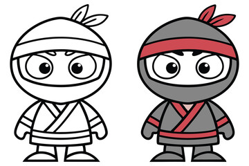 Fototapeta premium Cartoon Ninja Duo Colorable Outline and Fully Colored Gray Variation on White Background