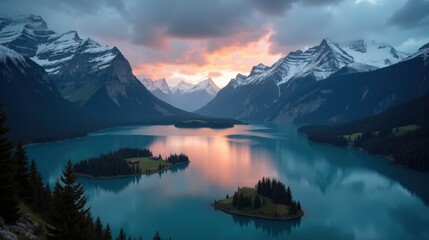 An aerial view of Lake Sils in Switzerland at dusk, with rainy conditions and overcast skies. The shot highlights the tranquil beauty of the lake and surrounding nature in Europe.
