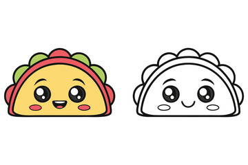 Cute Taco Cartoon Character with Cheerful Expression and Line Art Icon