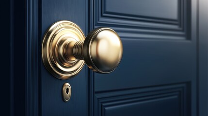 Obraz premium Golden brass doorknob with keyhole on elegant blue wooden door, security and home detail