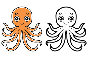 Fototapeta premium Pair of Smiling Octopus Cartoon Characters, Orange Color Version and Black Outline Style