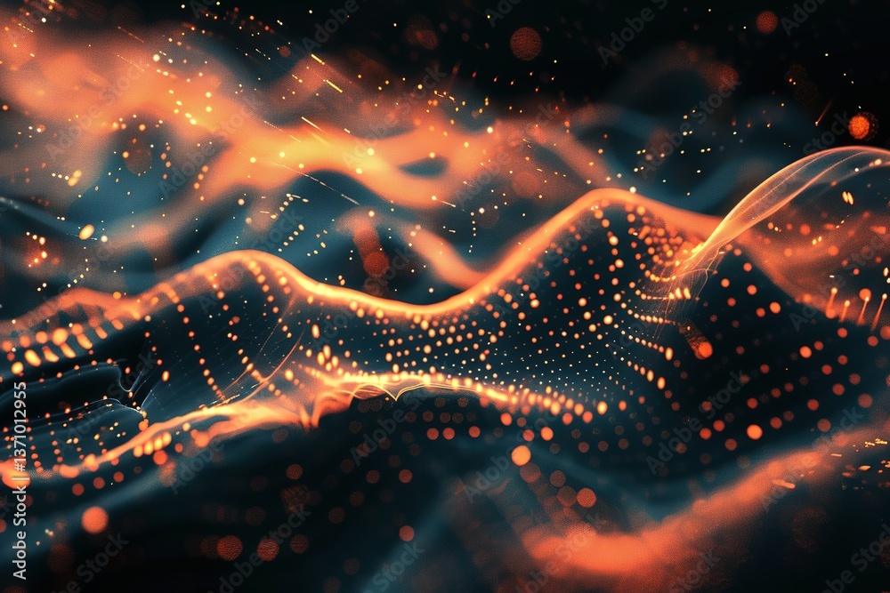 Poster glowing data wave: abstract visualization of interconnected dots and flowing lines