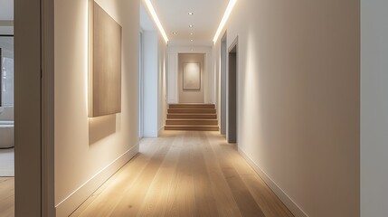 Fototapeta premium Modern hallway with high ceilings showcasing sleek design and warm lighting