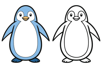 Cartoon Penguin with Light Blue Shade and One Penguin Silhouette on White