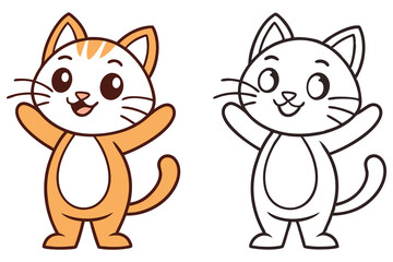 Cartoon Cat Vector, Ginger Colored and Black Outline, Standing, Smiling, Cute Design