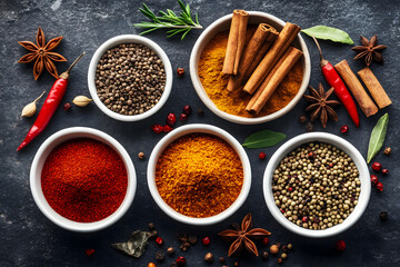 Assorted Colorful Spices on Dark Rustic Background