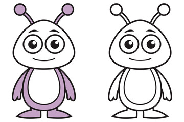 Alien Cartoon Character in Color and Outline with Transparent Background