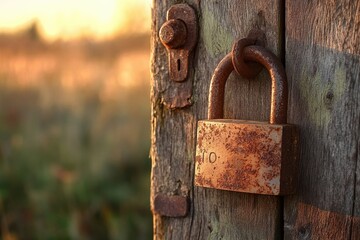 A weathered, rusty padlock secures a weathered wooden door at sunset, evoking a sense of age, secrets, and forgotten times.