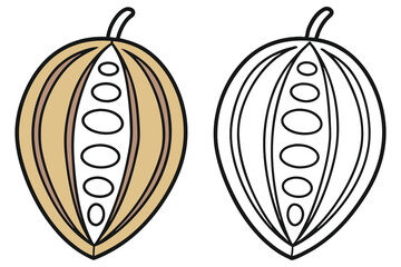 Cacao Pod with Seeds, Outline Version; Beige and Black on White