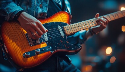 Obraz premium Close-up of a person playing an electric guitar. The warm lighting and vibrant colors create an energetic atmosphere.