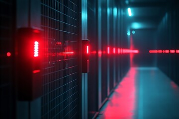 A security gate with lasers scanning the area for intruders, each beam glowing red, representing high-tech defense in a restricted area