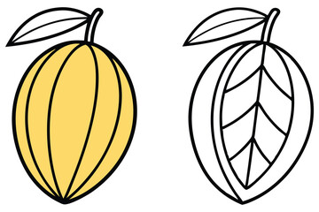 Cocoa Pods Yellow Fruit With Leaf and Black & White Outline on White Background