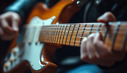 Fototapeta premium Close-up of a person's hands playing an electric guitar. The warm tones of the wood and the focused expression create a captivating image.