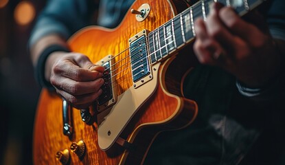 Obraz premium Close-up of a person's hands playing an electric guitar. The warm lighting and rich tones of the instrument create a captivating image.