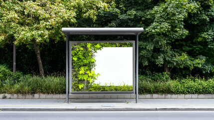 Empty Bus Stop Billboard With Lush Greenery