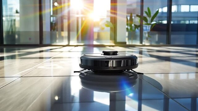 Saugroboter f&auml;hrt bei Sonnenlicht durch Raum