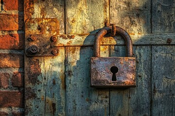 A weathered wooden door with peeling paint secured by a rusty padlock and aged brick wall showing time's passage.