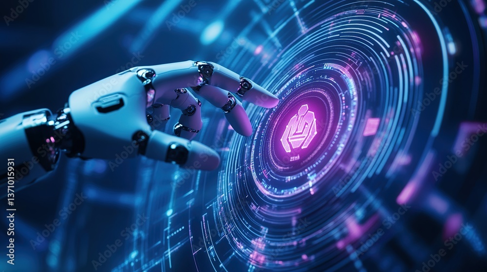 Poster robotic arm interacting with a futuristic user interface showcasing ai control