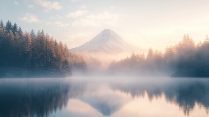 A serene mountain and forest scene reflected in a misty lake at dawn.