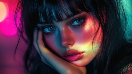Neon glow illuminates striking blue eyes and pink lips. A captivating portrait with a mysterious, vibrant color palette