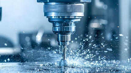Close Up View Of Industrial Machining Process With Water Splash