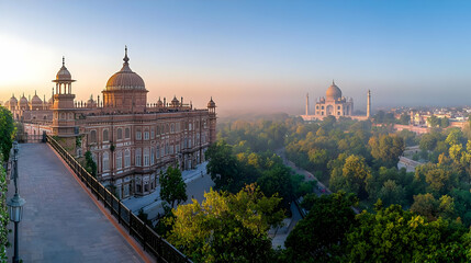 Fototapeta premium Aerial View Of Taj Mahal And Historical Palace At Sunrise In India