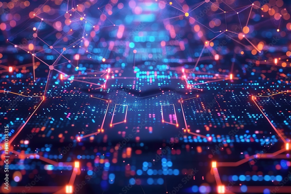 Poster abstract glowing network with connected dots and lines symbolizing data flow