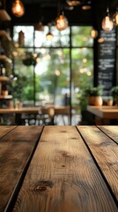 Elegant wooden table in a cozy cafe with warm lighting and greenery during daylight