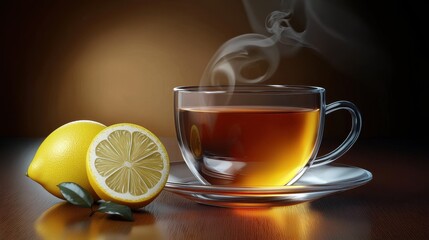Fresh Brewed Tea with Lemon on a Wooden Table Surface