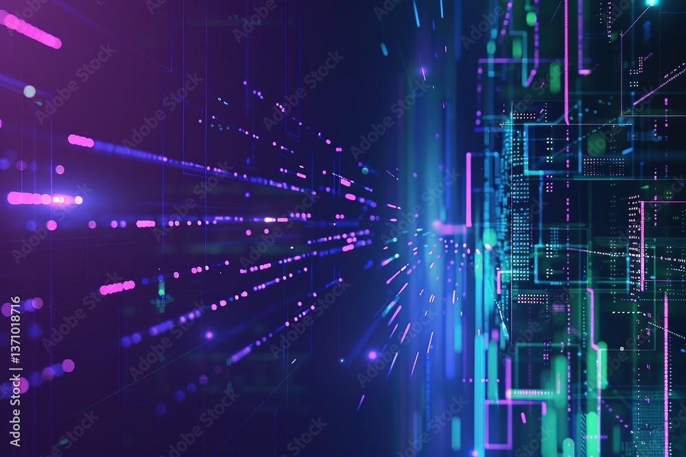Poster abstract data flow visualization with glowing neon lights and geometric patterns