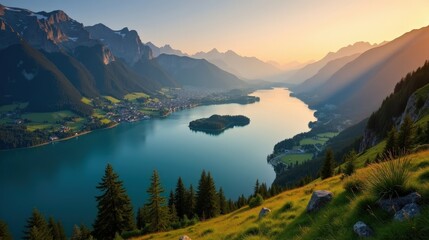 A breathtaking aerial shot of Lake Oeschinen in Switzerland during dusk, with sunny conditions. The peaceful landscape is captured in a high-quality, professional photo.
