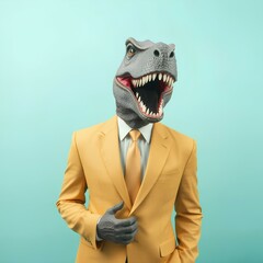Guy in reptile costume. Man wearing yellow suit and dinosaur mask.