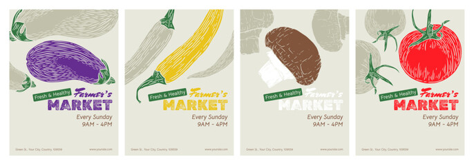 Vegetables. Set of Trendy posters, covers, banners, flyer for farmers market. Design template Hand-drawn sketch food to the harvest fair collection. Vector illustration eggplant, chilli paper, mushroo