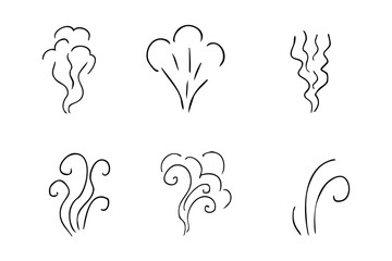 Steam smoke hand drawn line comic doodle. Aroma trail, cloud or wind silhouette. Smells hot air fragrance evaporate set. 