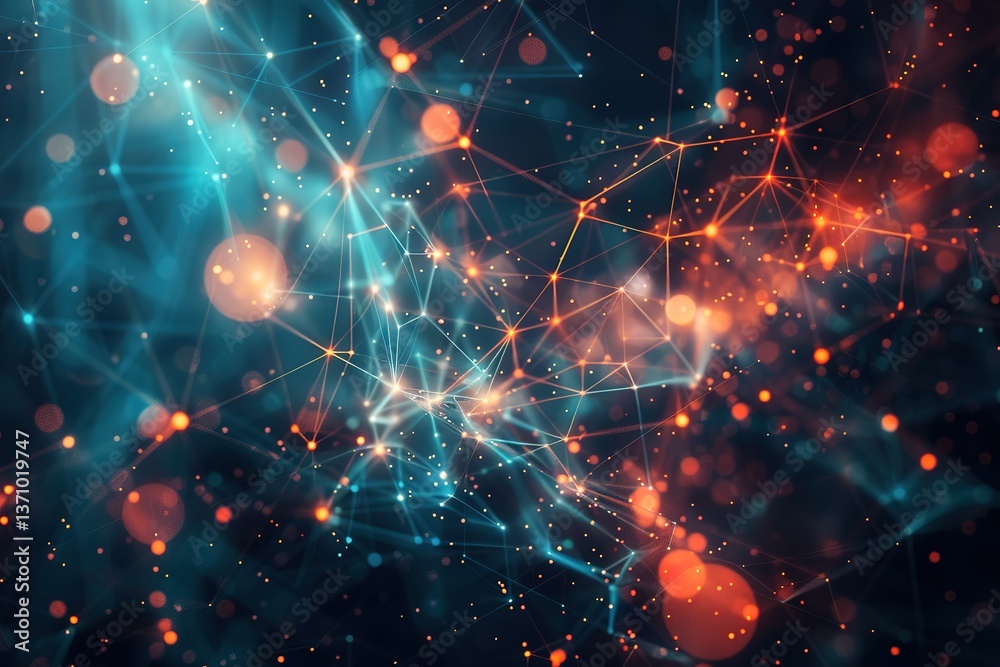 Poster abstract network of interconnected lines and nodes with a blue and orange color scheme